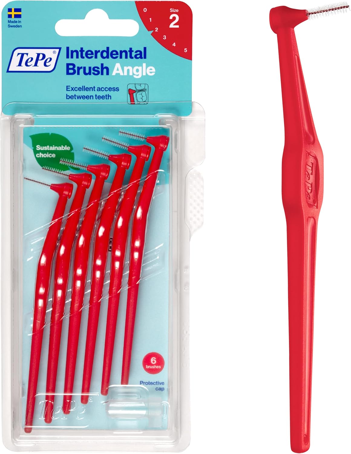 TePe Interdental Brush Angle, Angled Dental Brush for Teeth Cleaning, Pack of 6, 0.5 mm, Extra-Small/Small Gaps, Red, Size 2