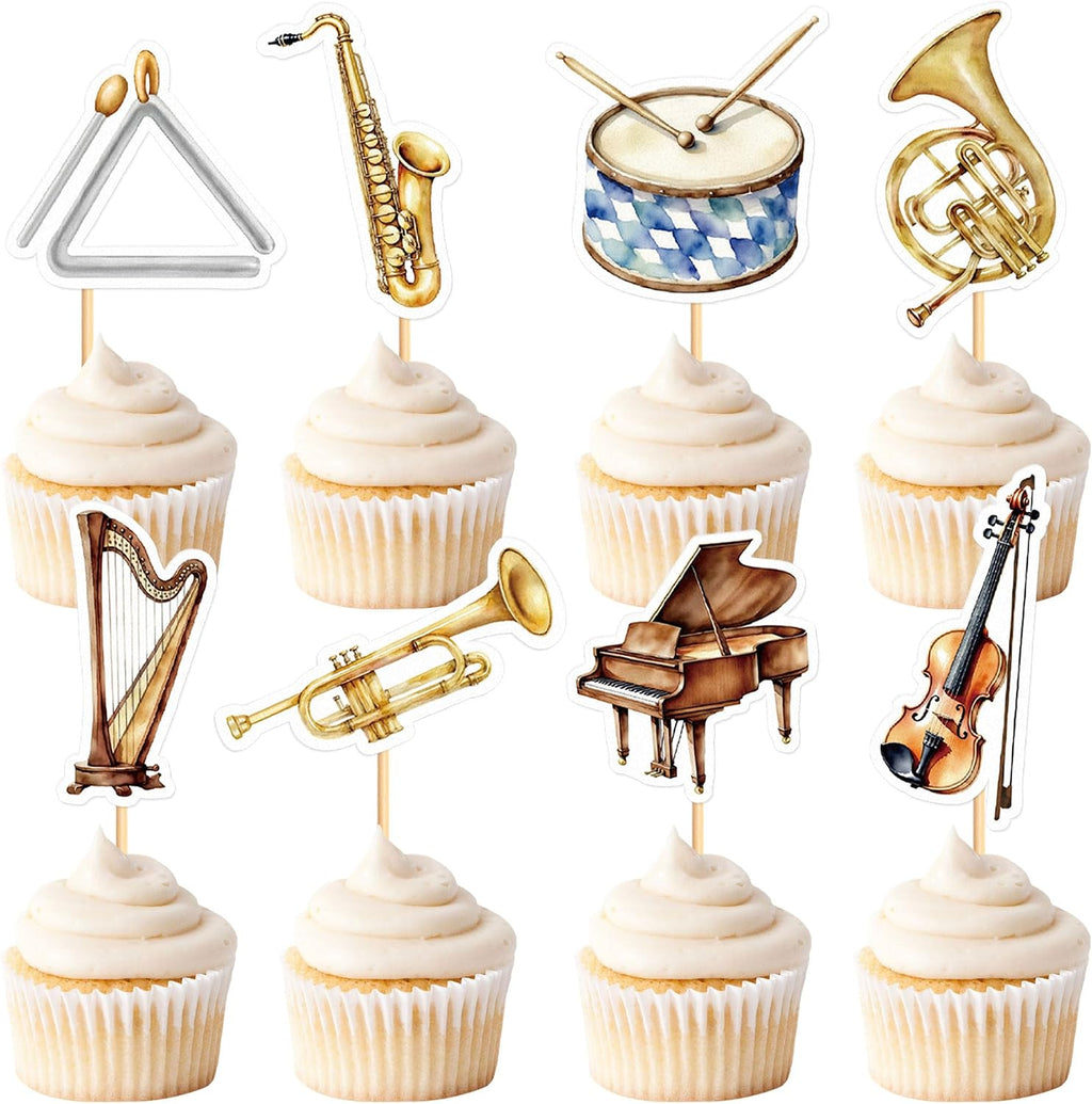 32Pcs Musical Instruments Cupcake Topper Horn Harp Saxohpone Violin Cupcake Picks Orchestral Food Picks for Musician Birthday Cupcake Decoration Orchestral Music Party Supplies