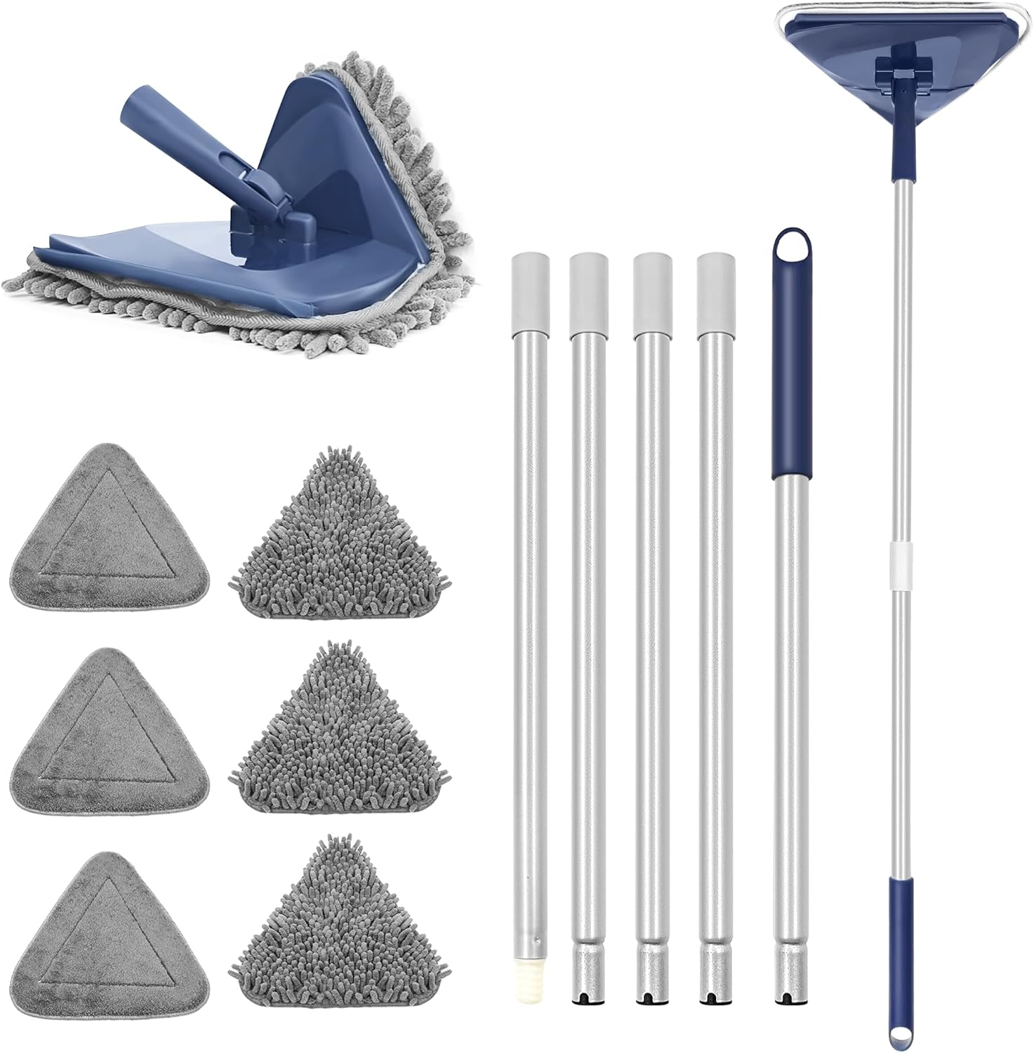 Wall Cleaner Mop with 82" Handle, 360° Rotating Triangle Head and Microfiber Pads, Built-in Squeegee for Ceiling Mop, Baseboard Cleaning and Windows