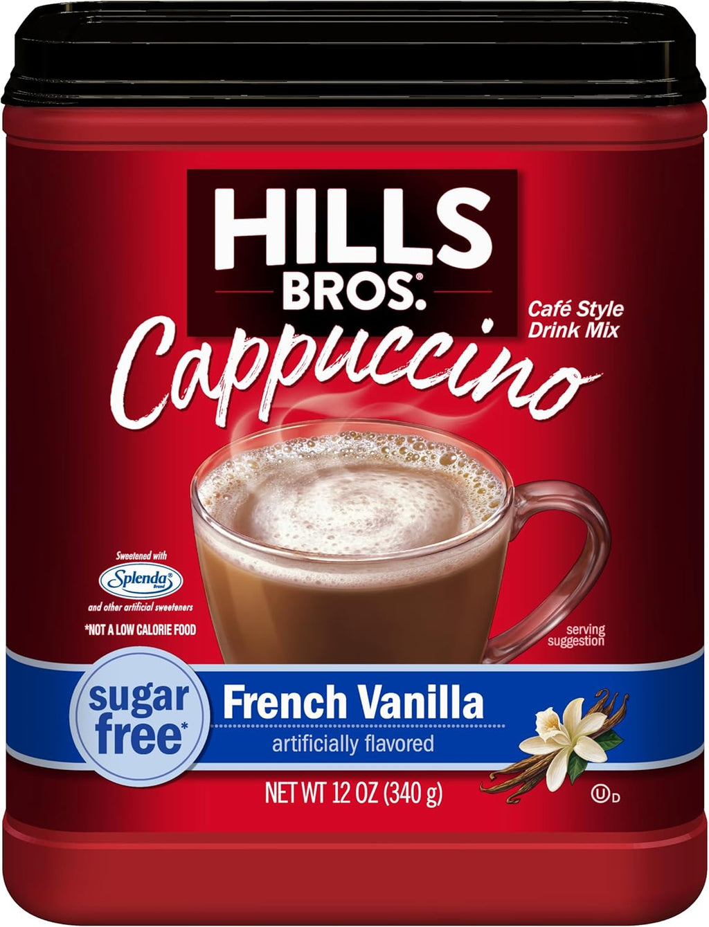 Hills Bros. Cappuccino Mix – Rich, Frothy Coffeehouse-Tasting Instant Drink Mix – Quick & Easy Preparation – Perfect for Hot & Iced Drinks & Creaming Coffee – Sugar-Free French Vanilla, 1 Pack of 12oz