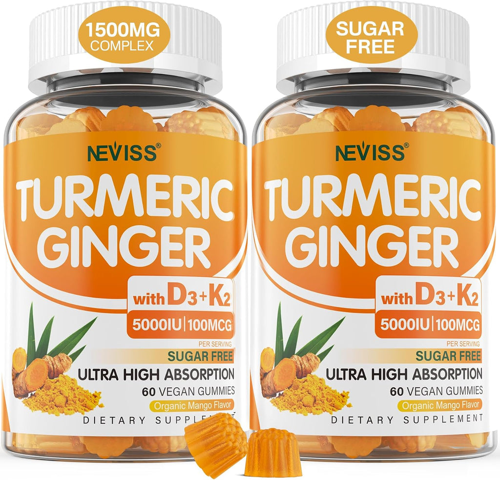 Turmeric and Ginger Gummies Supplement 1500mg w/Vitamin D3 5000 IU, K2 (MK7) & Black Pepper, Sugar Free Vegan Ginger and Turmeric Curcumin Supplements Gummy for Bone, Immune & Digestive Health, 120ct
