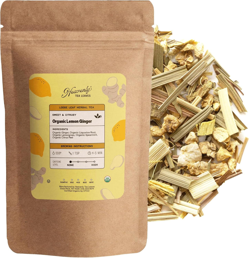 Heavenly Tea Leaves Organic Lemon Ginger, Loose Leaf Herbal Tea, 4 oz. (Approx. 50 Cups of Tea) - Naturally Caffeine Free, Perfect Hot or Iced!