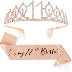 CIEHER 11th Birthday Crown + Sash + Pearl Pin Set, It's My Birthday Sash, 11th Birthday Tiara, Birthday Decorations & Gifts