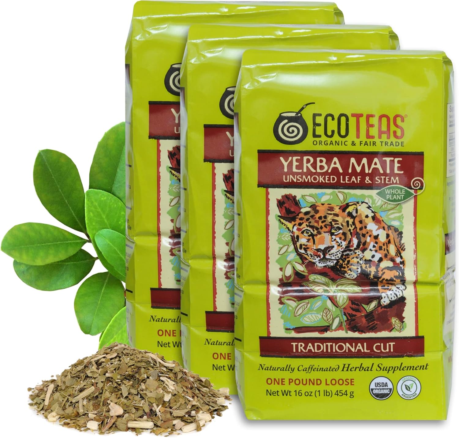 ECOTEAS Organic Yerba Mate Loose Leaf Tea – Unsmoked (Air Dried) Traditional Cut – 1 lb – From Argentina – Kosher, Non-GMO, Gluten-Free (Pack of 3)