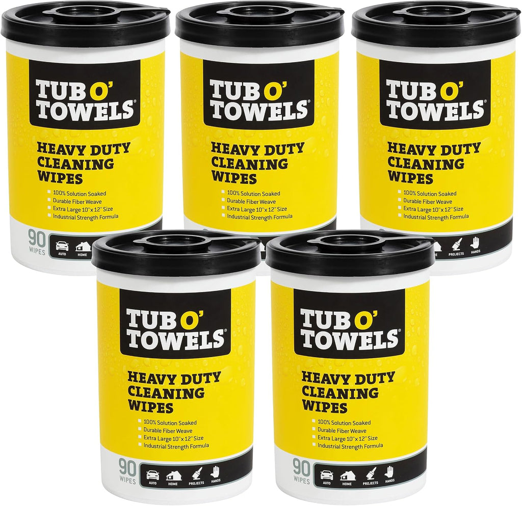Tub O Towels TW90 Heavy-Duty 10" x 12" Size Multi-Surface Cleaning Wipes, 90 Count Per Canister 5 Pack
