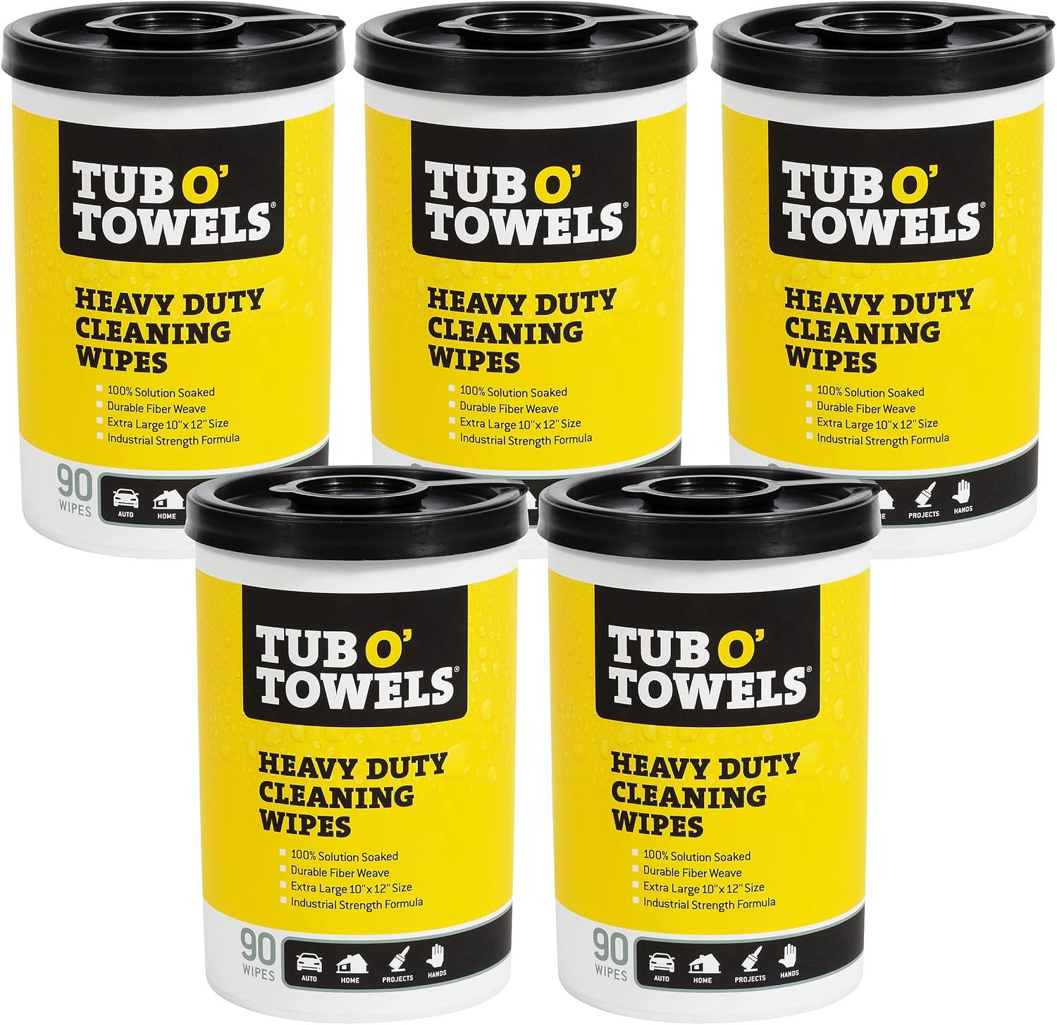 Tub O Towels TW90 Heavy-Duty 10" x 12" Size Multi-Surface Cleaning Wipes, 90 Count Per Canister 5 Pack