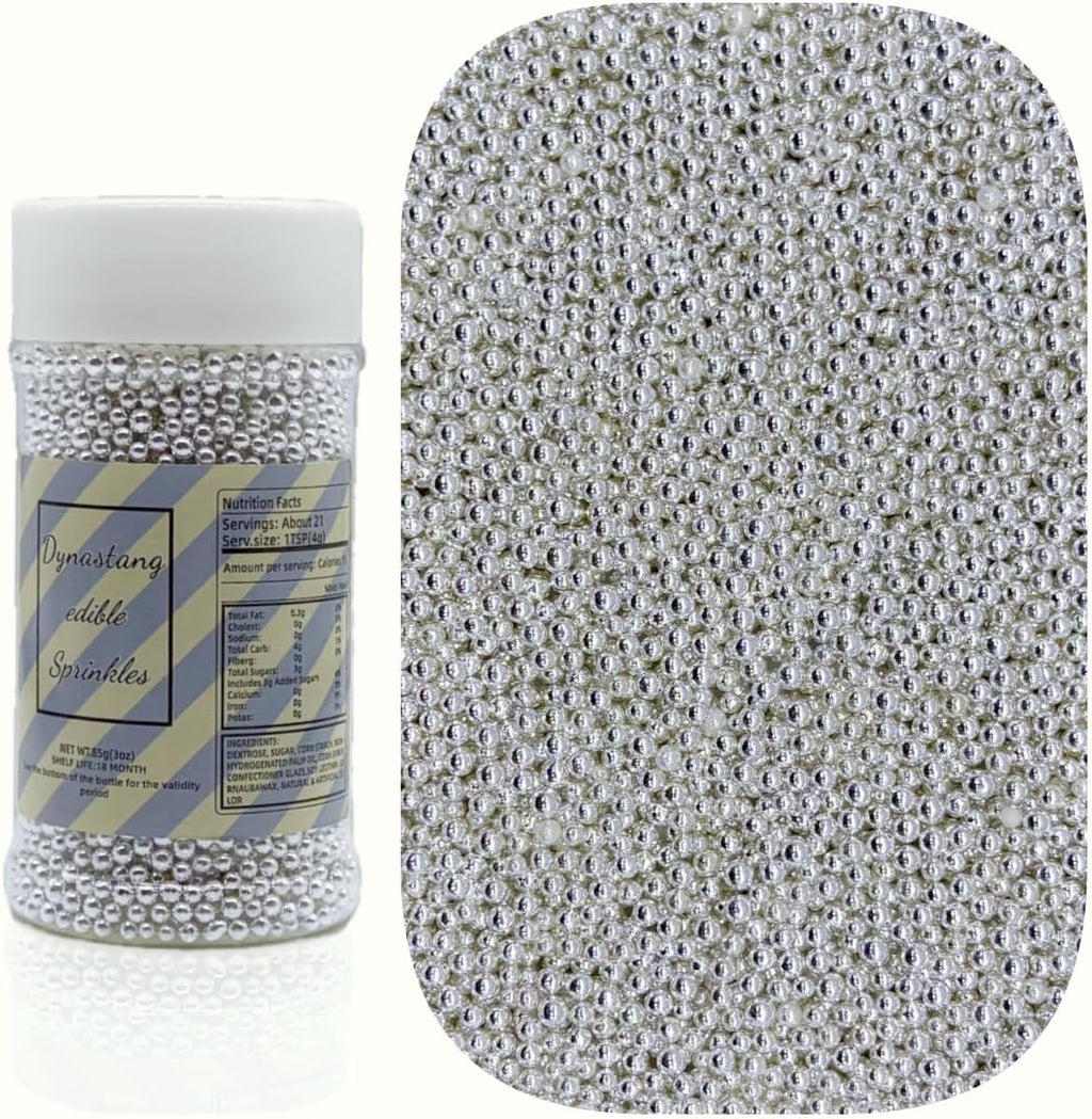 Dynastang 2mm Silver Pearls Sprinkles Edible Pearls Cake Decorating Stars Cake Decorations Cupcake Toppers Cookie Decorating Perfect for Cakes, Cupcakes, Desserts Toppings 3OZ
