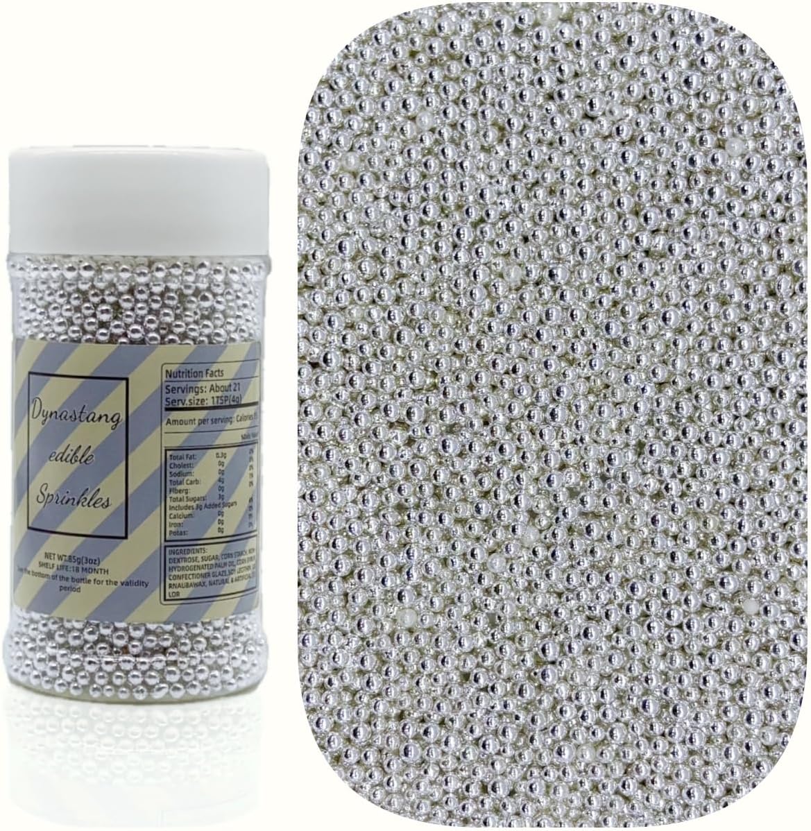 Dynastang 2mm Silver Pearls Sprinkles Edible Pearls Cake Decorating Stars Cake Decorations Cupcake Toppers Cookie Decorating Perfect for Cakes, Cupcakes, Desserts Toppings 3OZ