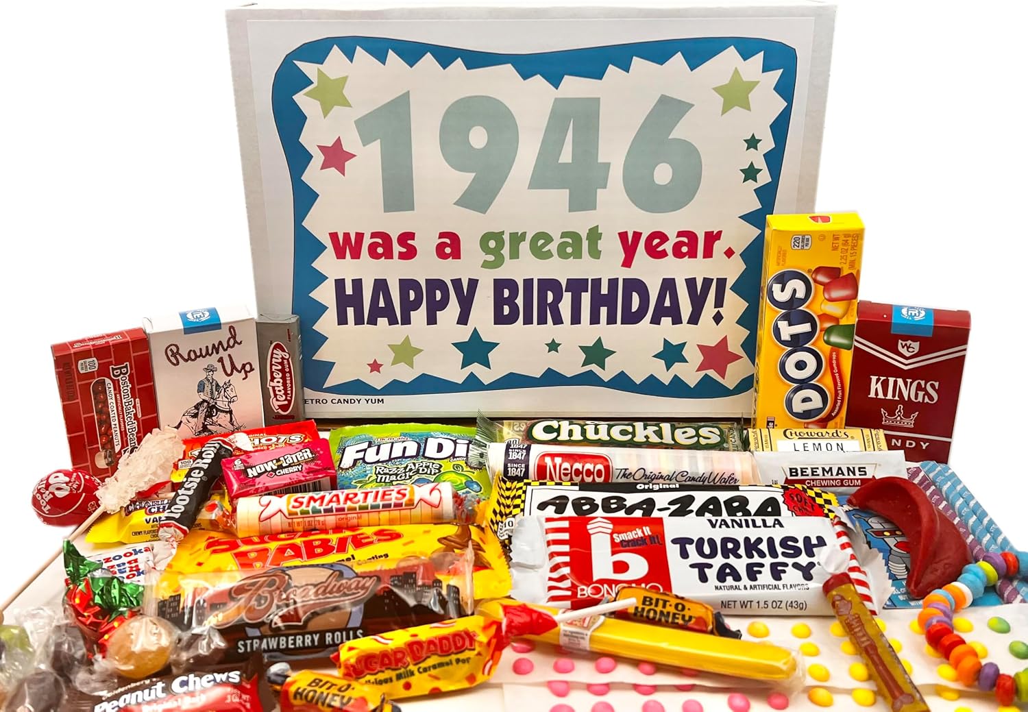 RETRO CANDY YUM ~ 1946 80th Birthday Gift Box of Nostalgic Retro Candy from Childhood for 80 Year Old Man or Woman Born 1946