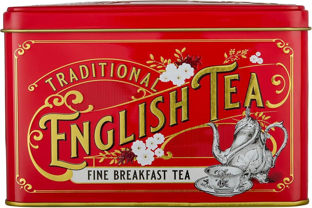 New English Teas Vintage Victorian Tea Tin in Berry-Red with 40 English Breakfast Teabags