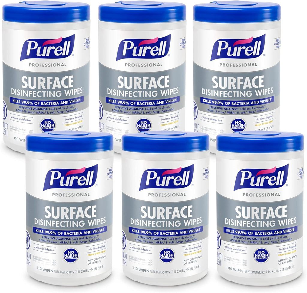 PURELL Professional Surface Disinfecting Wipes, Citrus Scent, 110 Count Canister, 7"x 8" Wipes (Pack of 6) - 9342-06