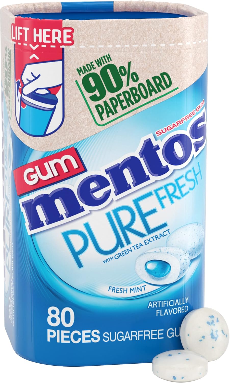 Mentos Pure Fresh Sugar-Free Chewing Gum with Xylitol, Fresh Mint Flavor, Easter Basket Essentials Stuffers for Kids and Adults, 90% Recyclable Paperboard Bottle, 80 Pieces