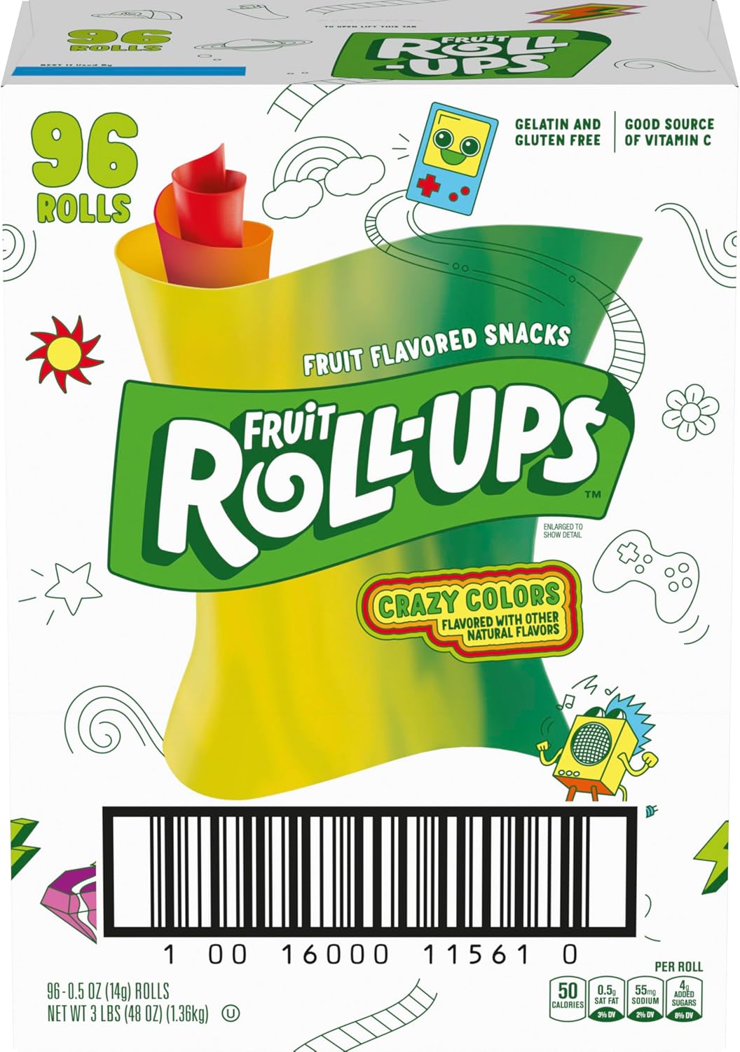 Betty Crocker Fruit Roll Ups, Crazy Colors, 0.5 Oz, 96 Count