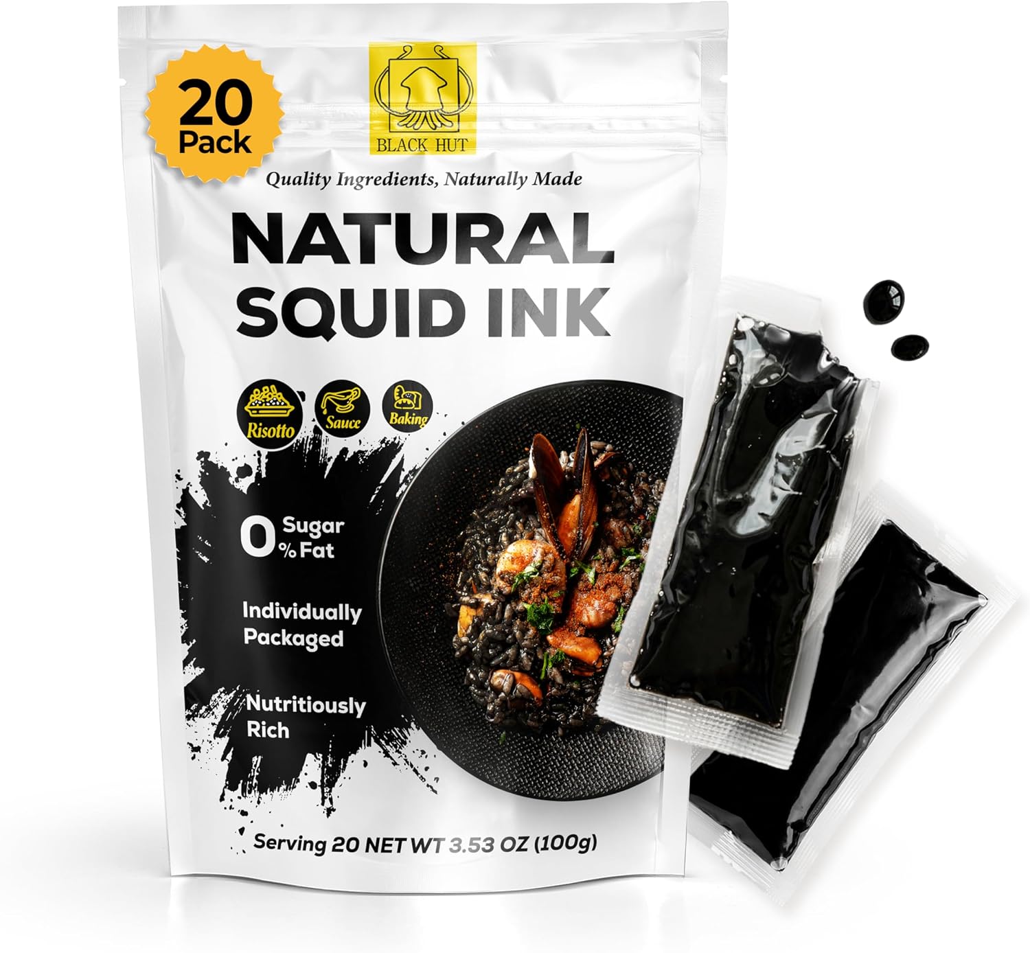 (5g x 20 Pack) Black Hut Squid Ink for Cooking, Squid Ink Pasta, Black Food Coloring, Tinta Calamari for Rice Noodles Piaza Spaghetti Risotto, Cuttlefish Ink for Baking mix, Halal Certificate, Contains Molluscs, 3.53 oz / 100 g