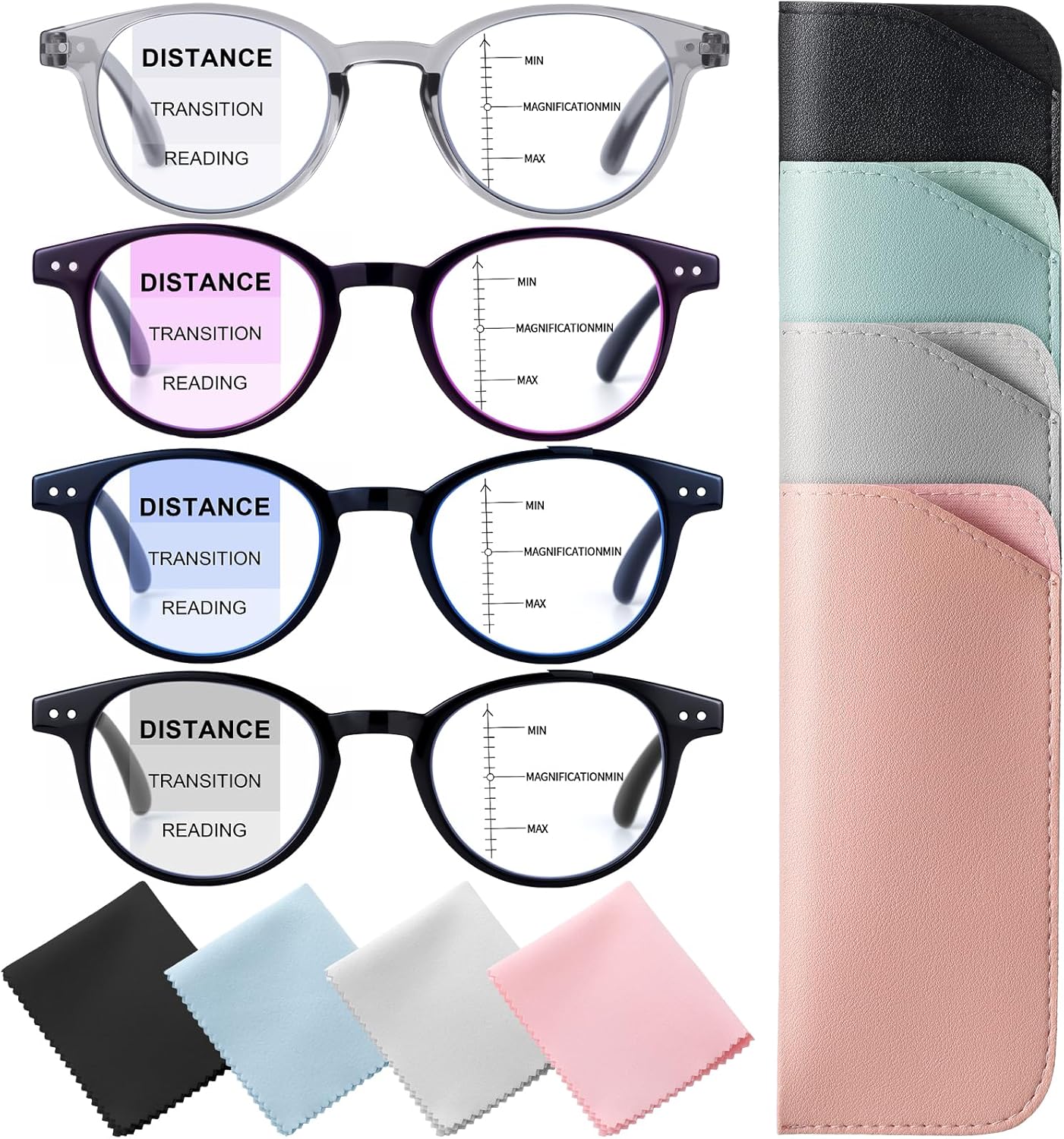 4 Pack Progressive Multifocus Reading Glasses for Women, Men Blue Light Blocking Eyeglasses with Spring Hinge Reader