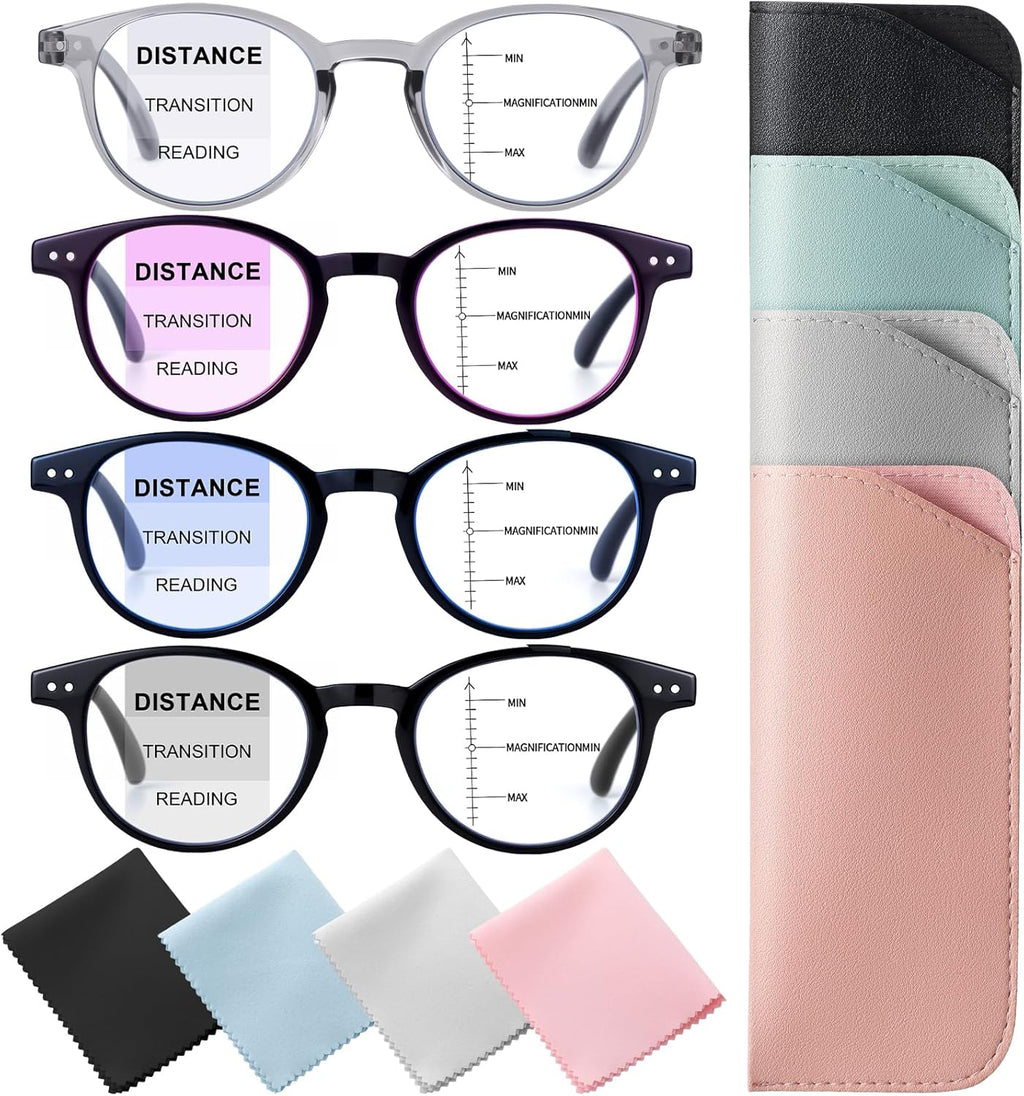 4 Pack Progressive Multifocus Reading Glasses for Women, Men Blue Light Blocking Eyeglasses with Spring Hinge Reader