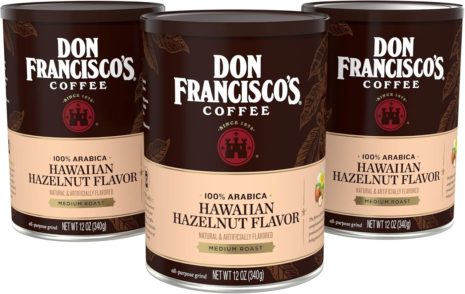 Don Francisco's Hawaiian Hazelnut Ground Flavored Coffee: Rich, Aromatic 100% Arabica Beans - (3 x 12 oz Recyclable Cans)