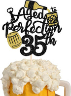Rsstarxi 1 Pack Aged to Perfection 35th Birthday Cake Topper Glitter Wine 35th Birthday Cake Decoration Cheers to 35th Years Cake Pick for Whisky Theme Husband 35th Birthday Party Decorations