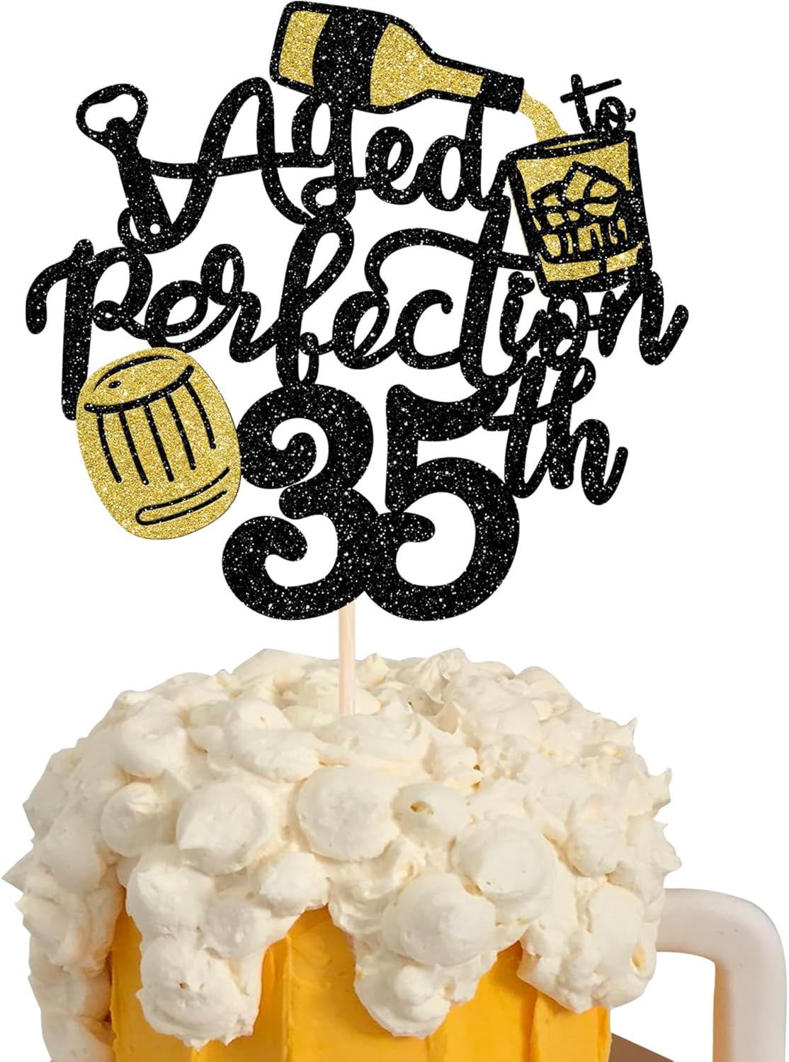 Rsstarxi 1 Pack Aged to Perfection 35th Birthday Cake Topper Glitter Wine 35th Birthday Cake Decoration Cheers to 35th Years Cake Pick for Whisky Theme Husband 35th Birthday Party Decorations