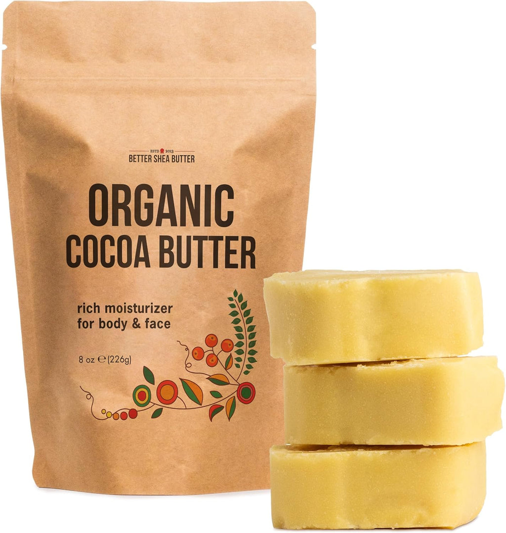 Organic Cocoa Butter Raw Unrefined - Food Grade USDA Certified - for Scars, Stretch Marks Cream - 100% Cocoa Butter Raw Organic for Skin Moisturizer, Lip Balm 8 oz