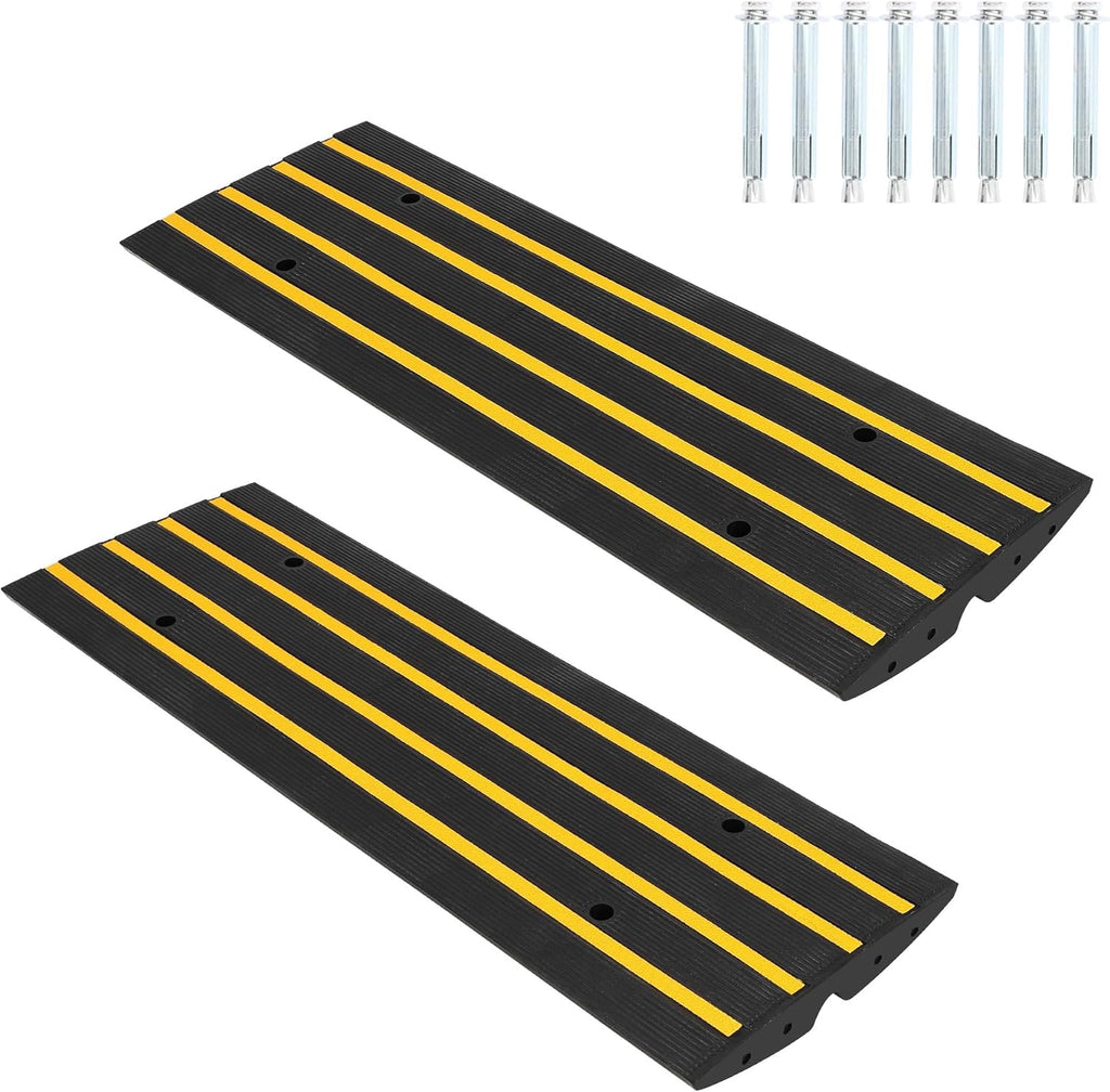 48" Heavy Duty Rubber Curb Ramps (2 Pack) – Low Profile Driveway Ramp with Water Drainage Channel for Cars, SUVs, Trucks – Garage, Sidewalk & Driveway Transition Solution – Black