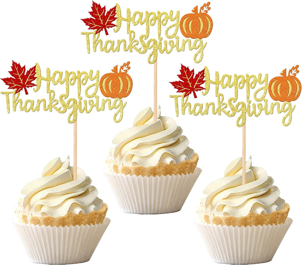 24 PCS Happy Thanksgiving Cupcake Toppers with Glitter Maple Leaf Pumpkin Fall Theme Cupcake Picks for Thanksgiving Day Theme Birthday Party Cake Decorations