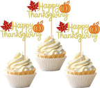 24 PCS Happy Thanksgiving Cupcake Toppers with Glitter Maple Leaf Pumpkin Fall Theme Cupcake Picks for Thanksgiving Day Theme Birthday Party Cake Decorations