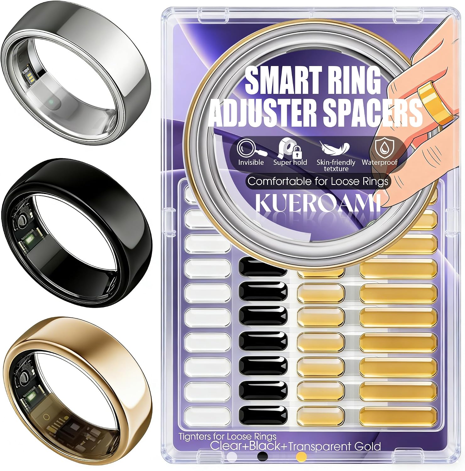 Silicone Smart Ring Size Adjuster for Loose Rings, 120Pcs Invisible Ring Tightener Spacers Inserts, 3 Colors Gold Black Clear, 2 Thickness Ring Reducer, Fits 1-10MM Band, Skin-Friendly Waterproof
