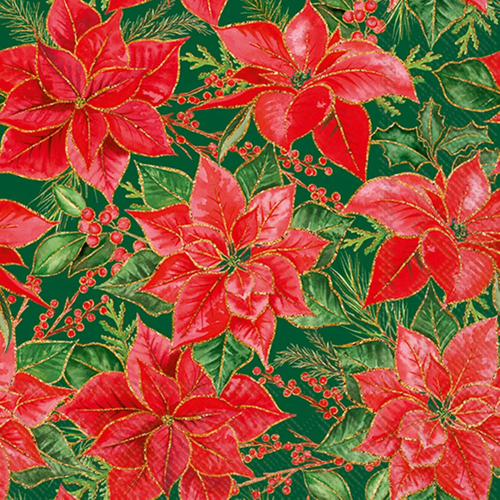 IHR Ideal Home Range Party Napkins Disposable 3-Ply Paper Lunch Napkin Pack, 6.5" x 6.5", Christmas Poinsettia (Green), 20-Count