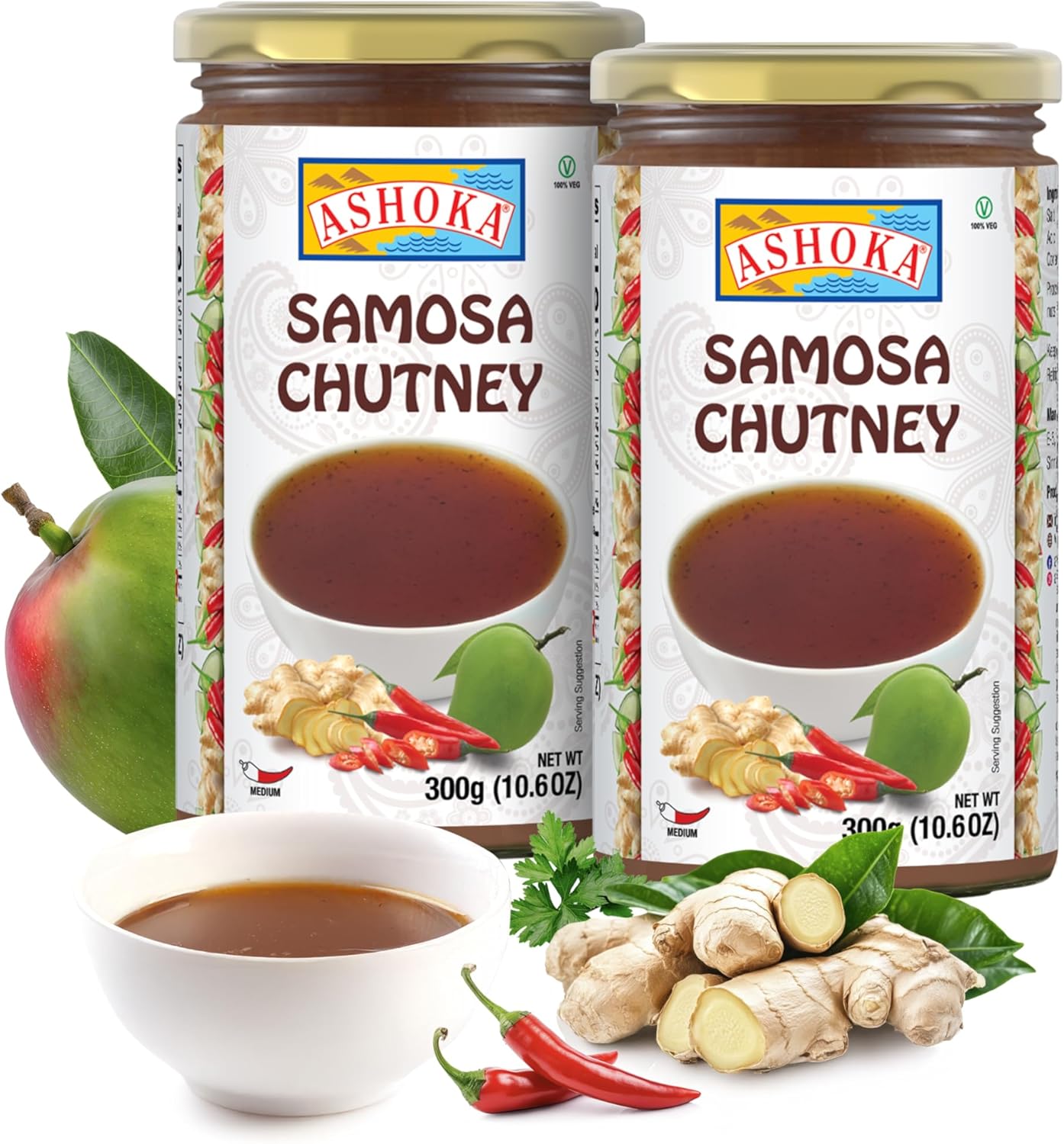 Ashoka Medium Spiced Samosa Chutney | Made with Dry Mango Slices & Coriander Powder | Authentic Indian Recipe | Vegan | Kosher | Great for Veggies and Proteins | Pack of 2