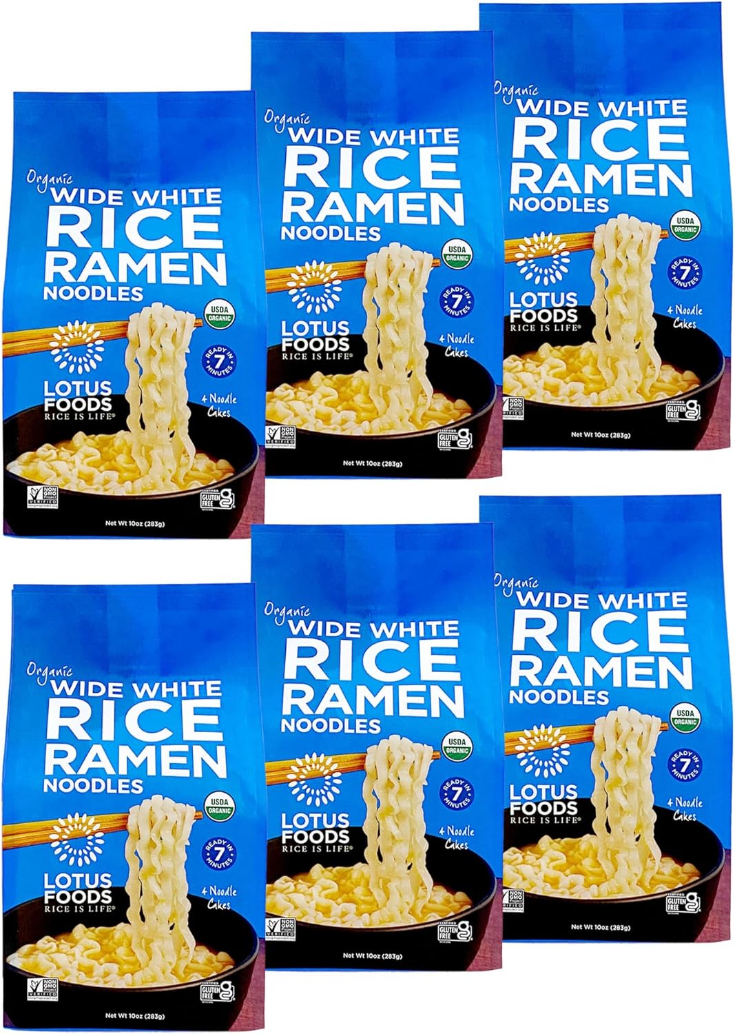 Lotus Foods Wide White Rice Ramen Noodles - Gluten Free & Organic Wide Rice Noodles for Soup Broth & Stir Fry, Wavy Asian Dried Rice Noodles, Vegan Friendly - 10 oz 4 Pack (Pack of 6)