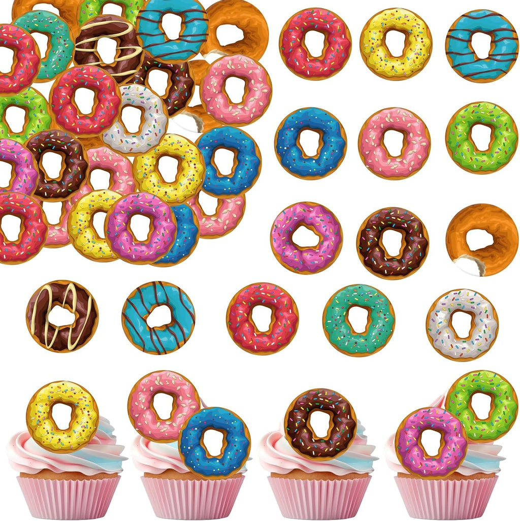 36PCS Edible Donut Cupcake Toppers Wafer Paper Sweet Donuts Cupcake Picks Edible Donut Party Cupcake Decorations for Sweet Theme Baby Shower Birthday Family Gathering Party Cake Supplies