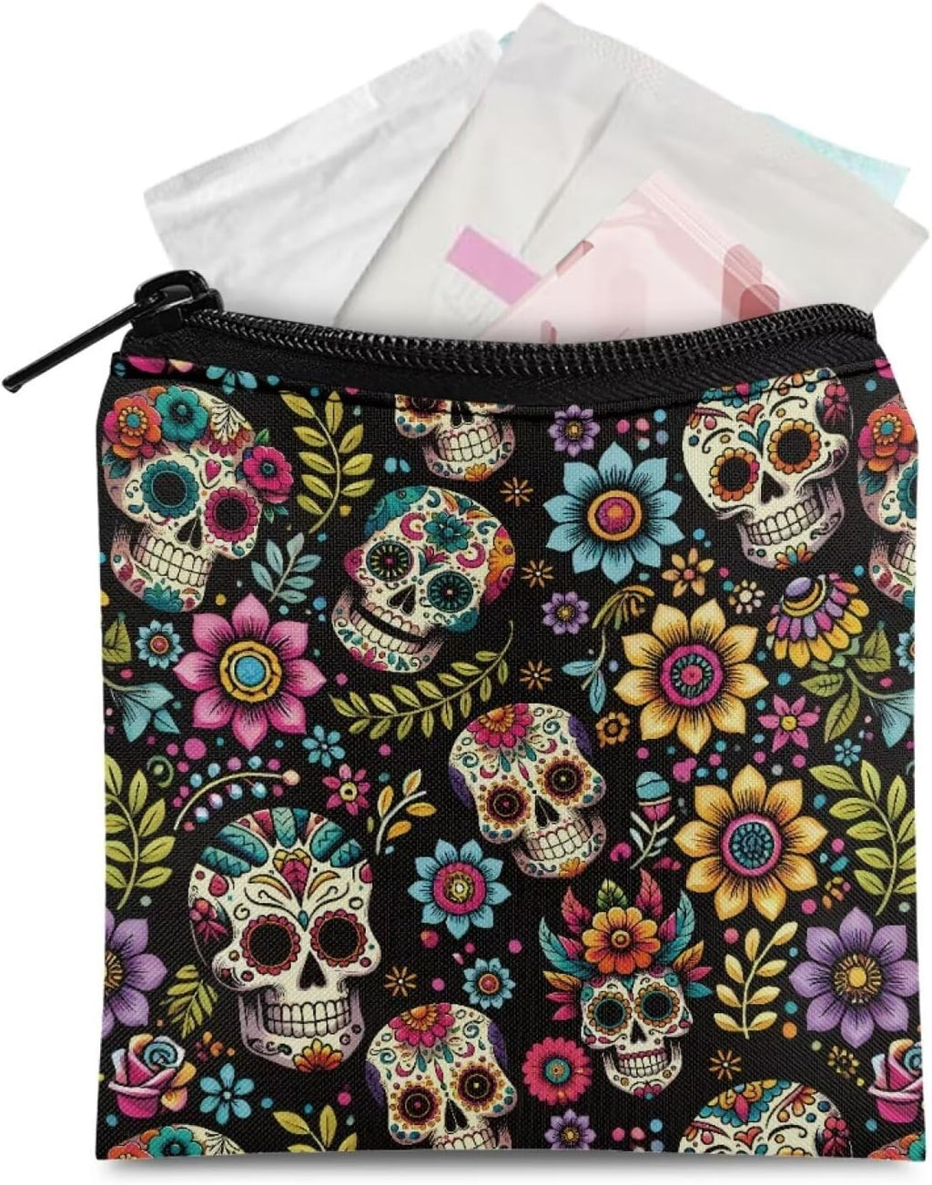 Zipper Period Pouch Sanitary Napkin Storage Bag for Women Girls Flowers Sugar Skull Portable Menstrual Pad Pouches Tampon Holder Bag