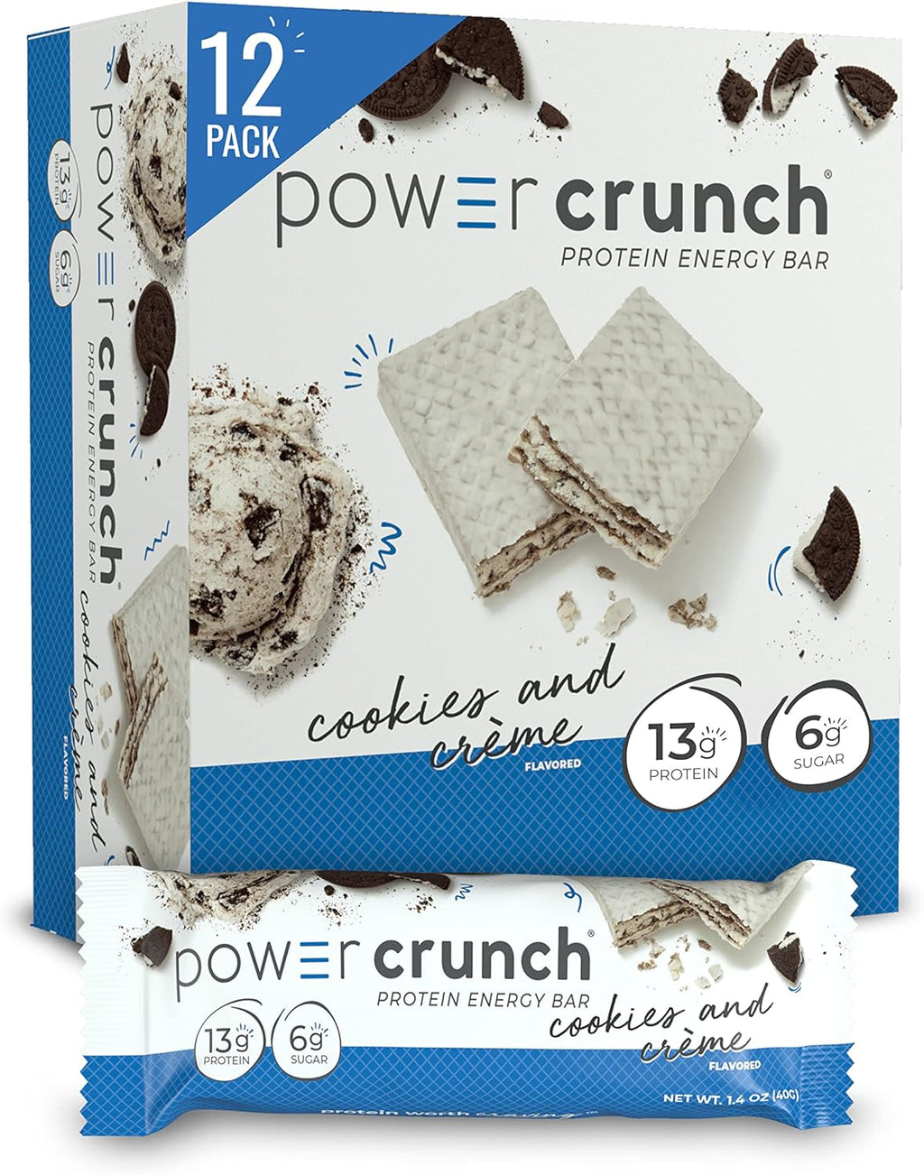 Power Crunch Whey Protein Bars, High Protein Snacks with Delicious Taste, Cookies and Cream, 1.4 Ounce (12 Count)
