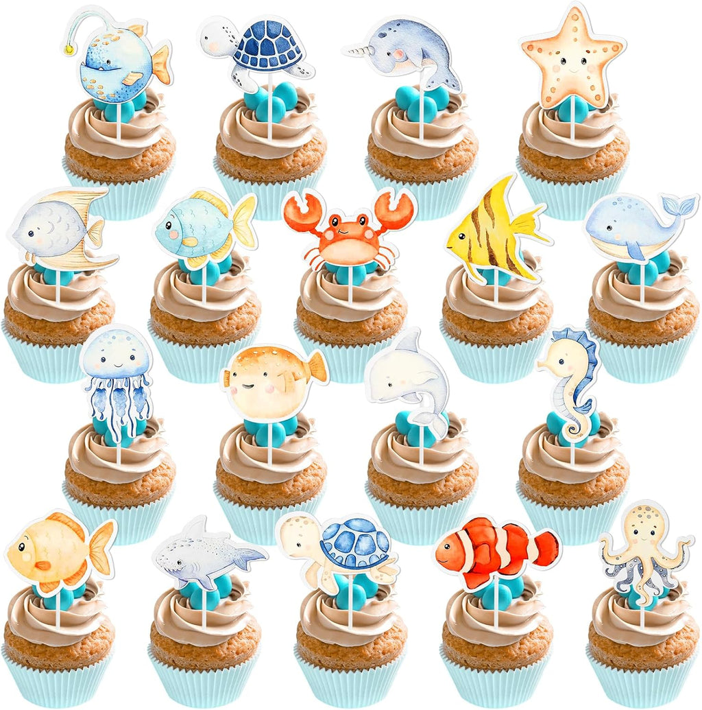 36 Pcs Under the Sea Cupcake Toppers, Ocean Animals Cake Decorations for Mermaid Birthday Party, Baby Shower, Sea Theme Party Supplies and Baking Decoration