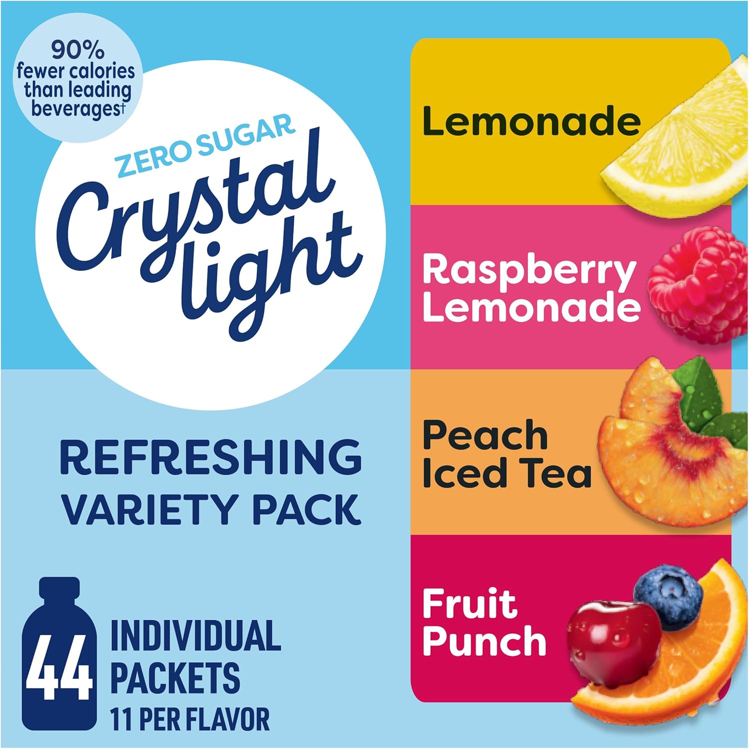 Crystal Light Refreshing Drink Mix Variety Pack, 44 Packets, for Convenient Hydration, Lemonade, Raspberry Lemonade, Peach Iced Tea, Fruit Punch, Natural and Artificial Flavor, Zero Sugar, 4.18 oz