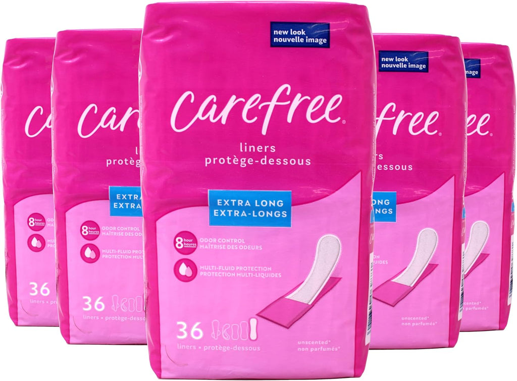Carefree Extra Long Panty Liners, Unscented, Multi-Fluid Protection, 36 Count (Pack of 5)