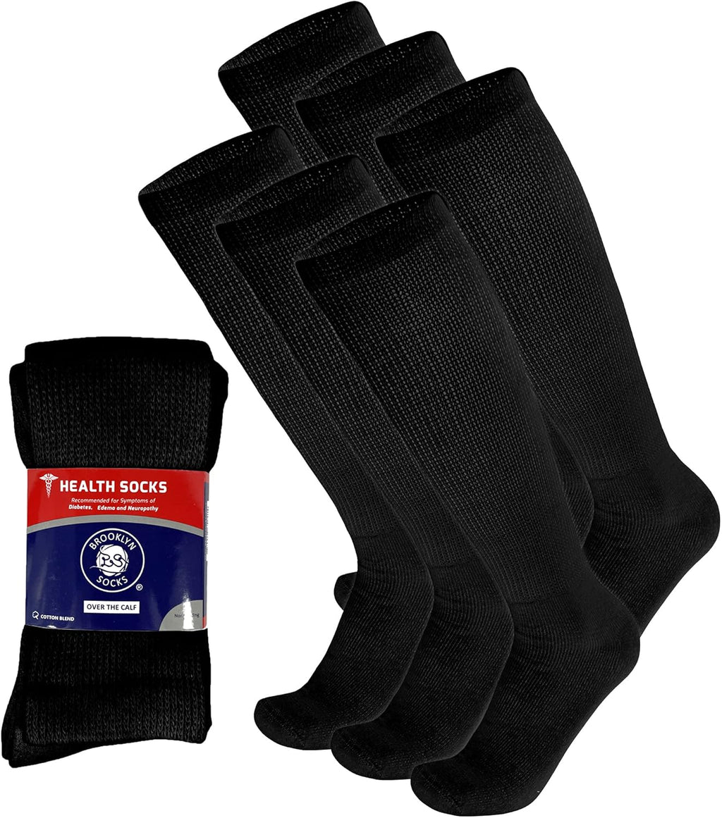 6 Pairs of Diabetic Over The Calf - Knee High Cotton Socks (Black - 6 Pairs, Fit Men's Shoe Size 12-15)