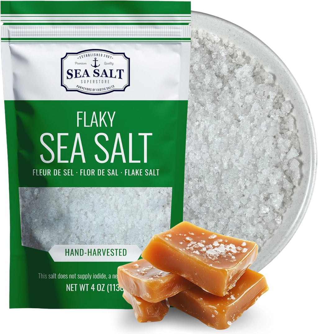 Garnishing Hand Harvested Sea Salt Grains, Baja Fleur de Sel Grain Salt, for Baking and Cooking and Fishing, 4 oz Bag