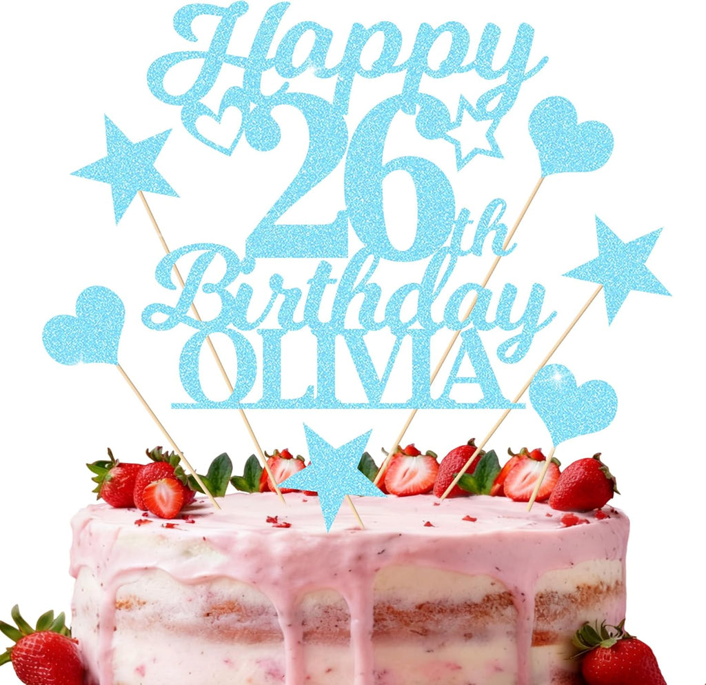 Personalized Happy Birthday Cake Toppers Birthday Cake Topper Gifts for Women Men Custom Glitter Cake Toppers with Any Name & Age for 18th 21st 30th 40th 50th 60th Cake Decorations (Baby Blue)