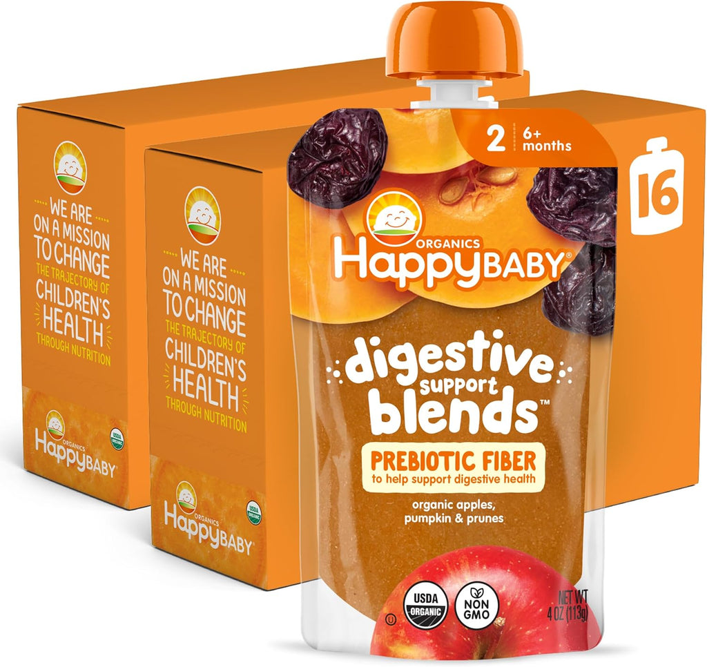 Happy Baby Digestive Support Blends, Organic Stage 2 Baby Food with Prebiotic Fiber, Apple, Pumpkin & Prune, 4 Ounce Pouch (Pack of 16)