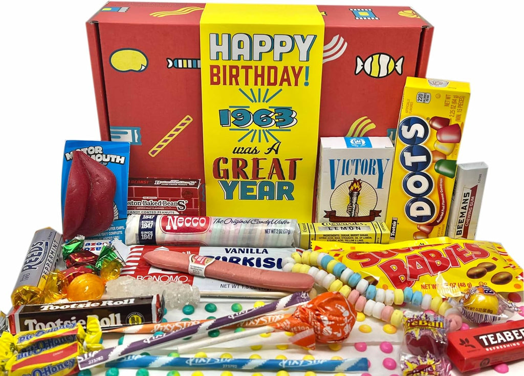RETRO CANDY YUM ~ 1963 63rd Birthday Gift Basket Box of Nostalgic Candy From Childhood For 63 Year Old Man or Woman Born 1963 Jr