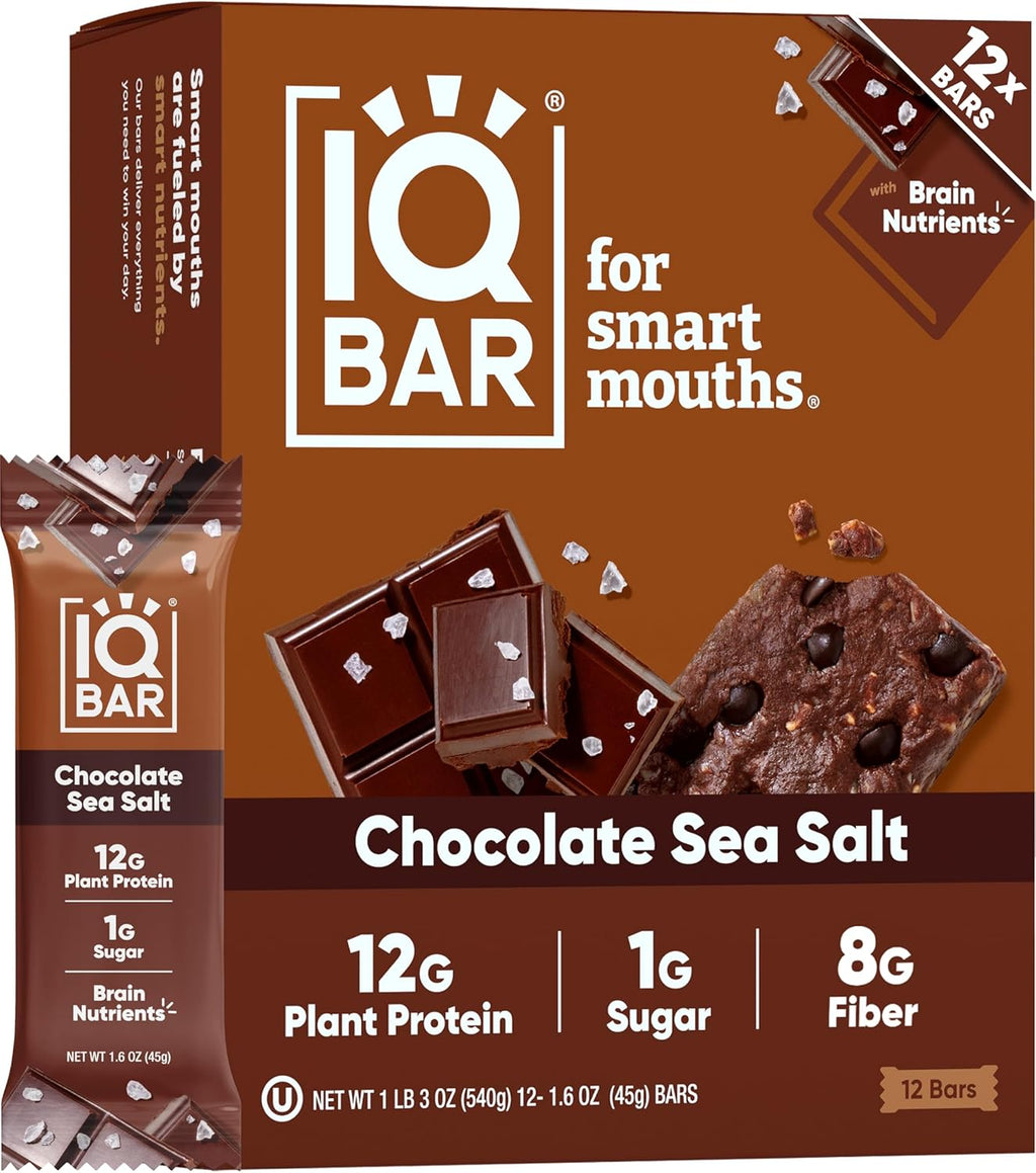 IQBAR Clean Plant Protein Bars - Chocolate Sea Salt - 12 Count - Keto, Vegan, High Fiber, Gluten and Dairy Free, Low Sugar Snack - Brain and Body Nutrients for Focus, Energy, Meal Replacement