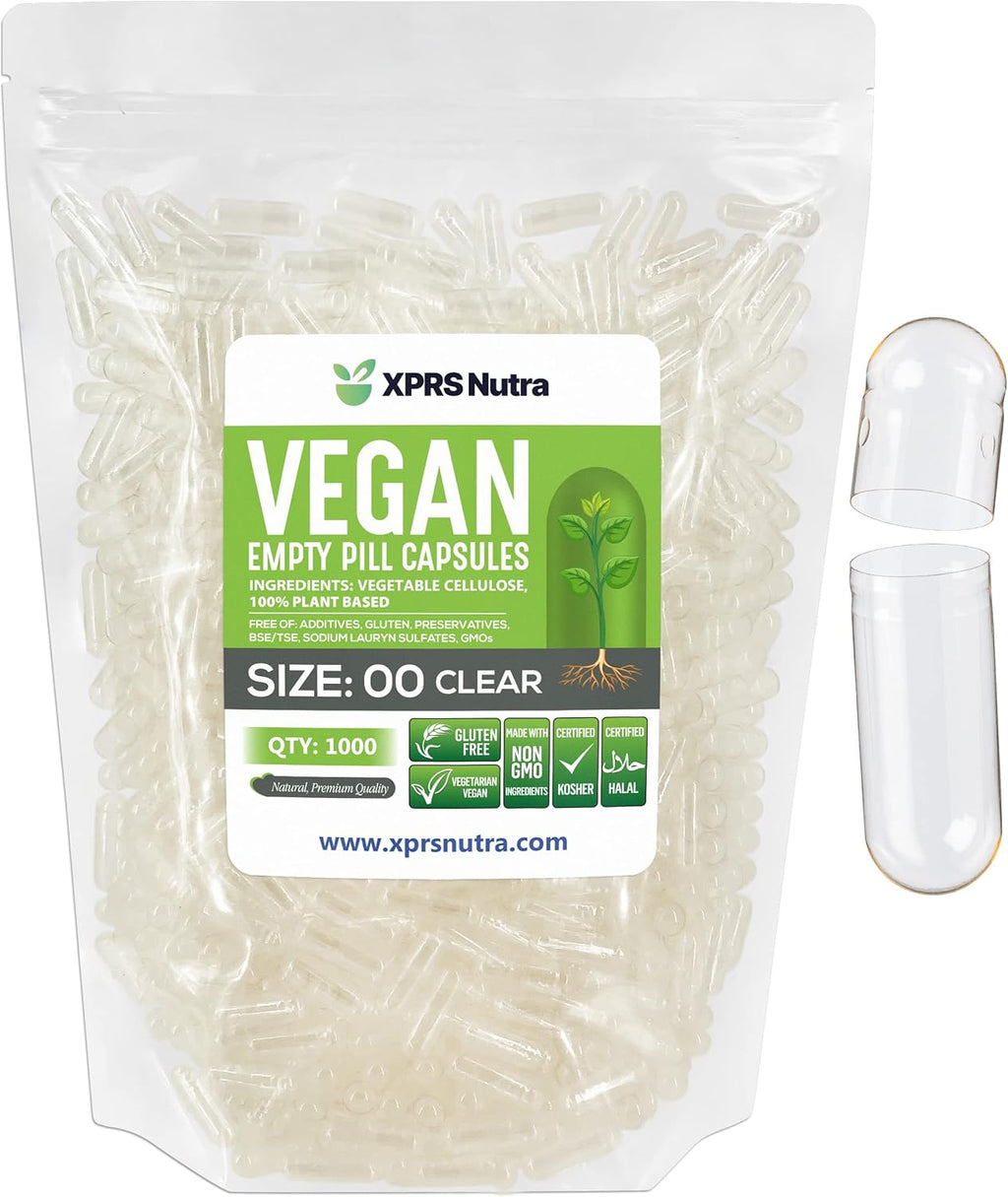 XPRS Nutra Size 00 Empty Capsules - 1000 Clear Count Empty Vegan Capsules - Vegetarian Empty Pills - DIY Vegetable Capsule Filling- Veggie Pill Caps