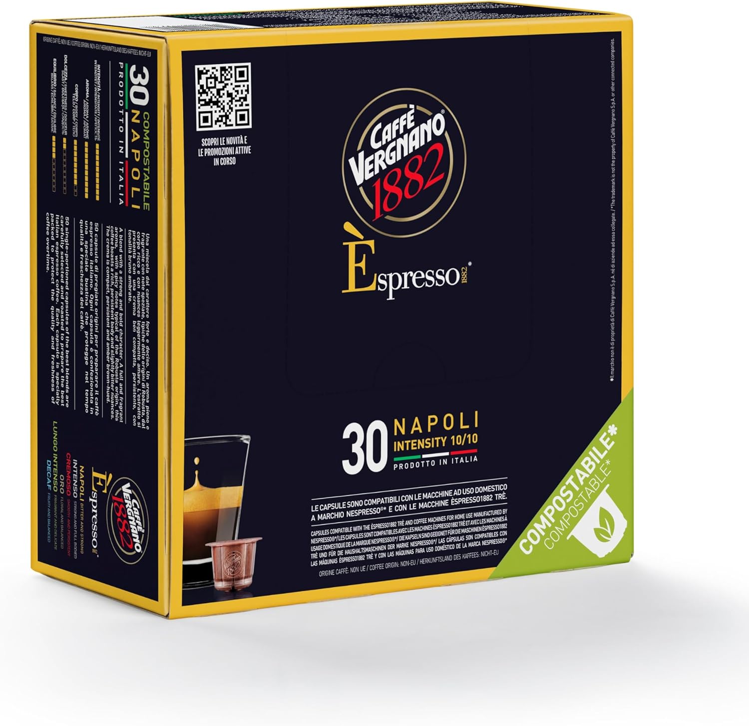 Caffe Vergnano 1882 Medium Roast Espresso Original Line Machine Compatible Capsules, Single-Serve Arabica Robusta Espresso Coffee, Italian Coffee for Nespresso Machines, Intensity 10/10, Napoli, 30 Ct