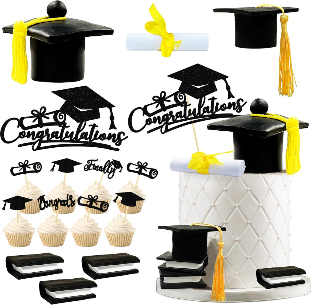 Graduation Cake Toppers - Graduations Cap Diploma Balls Congrats Grad Cake Decorations for 2026 High School College Senior Graduation Supplies