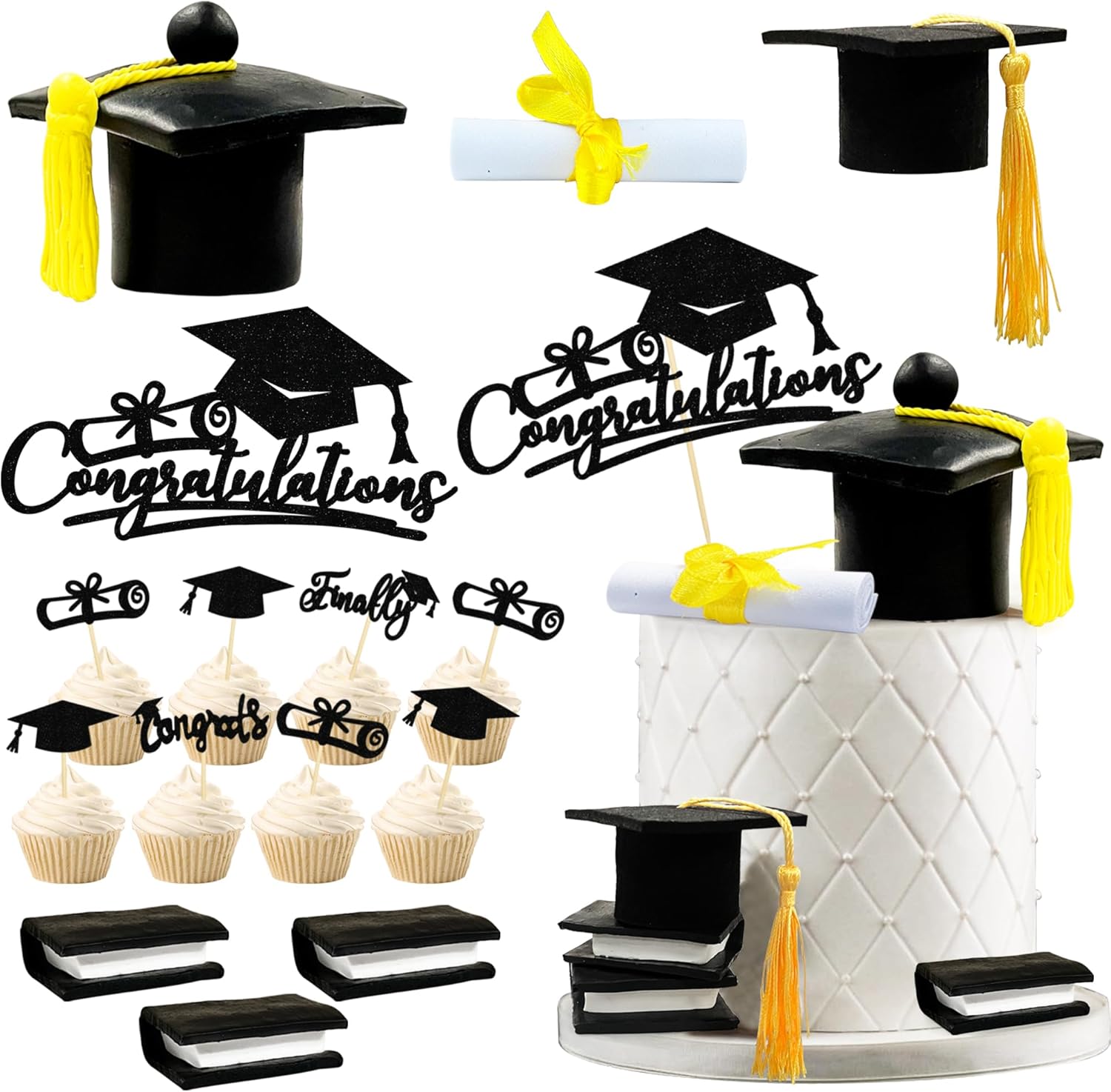Graduation Cake Toppers - Graduations Cap Diploma Balls Congrats Grad Cake Decorations for 2026 High School College Senior Graduation Supplies