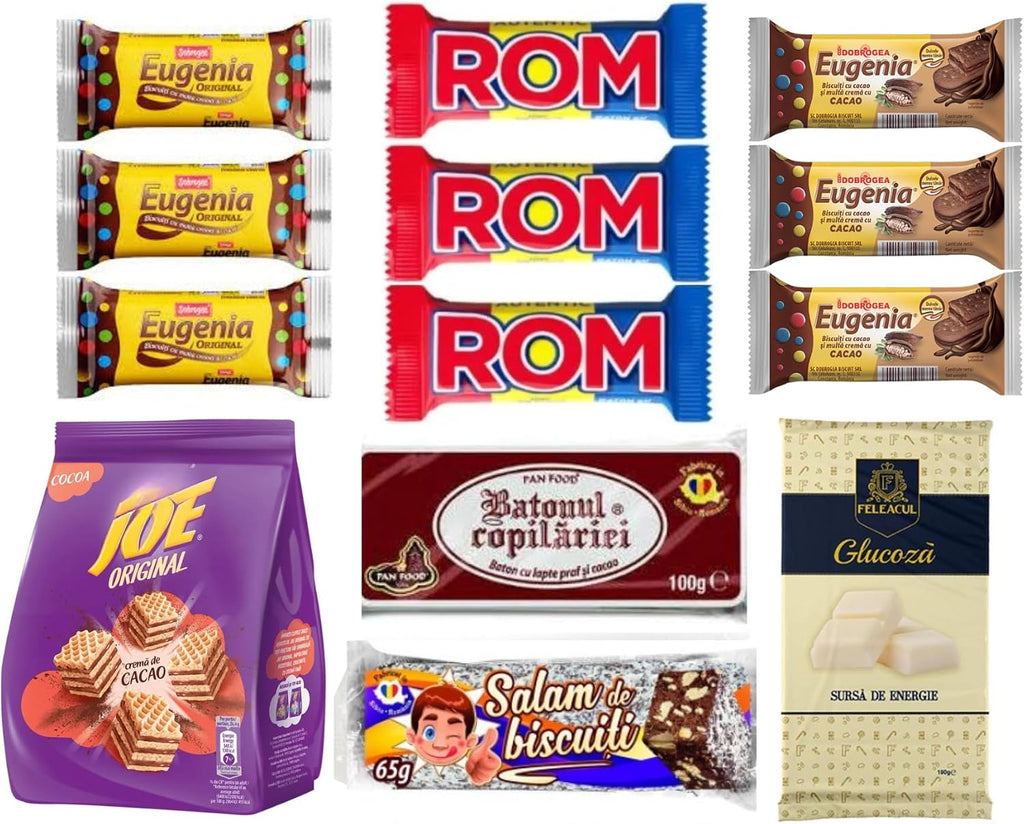 Romanian Sweet Snacks Variety Pack| Eugenia Original Biscuit, ROM Chocolate Bars, Eugenia w/Cacao, Joe Napolitane, Ciocolata de Casa, Biscuit Salami, Glucose Bar