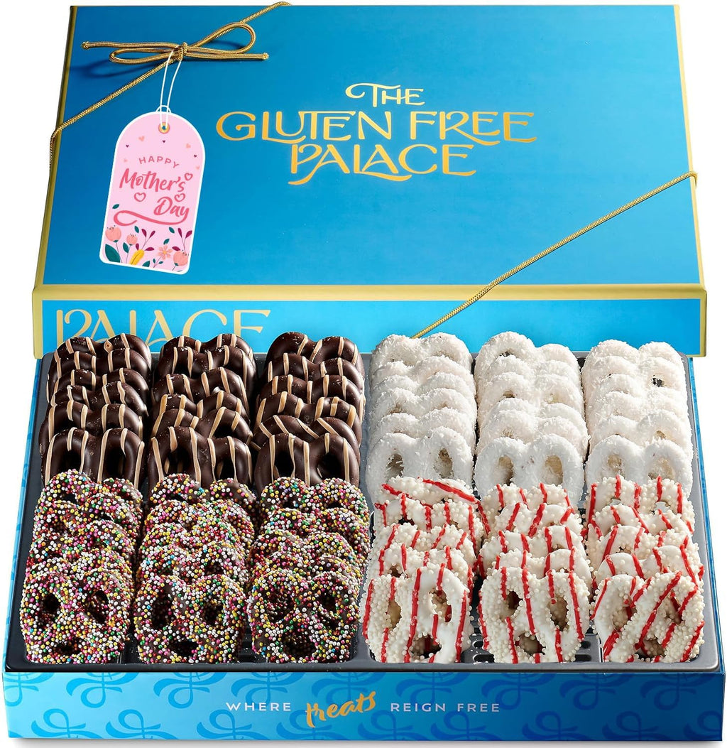 Gluten Free Palace Chocolate Covered Pretzels Gift Box – Gluten Free Mother’s Day Chocolate Covered Pretzels Gift Basket – Sweet & Salty Treat Basket for Mom, Wife & Women – Gift Basket for Family & Friends (4 Flavors)