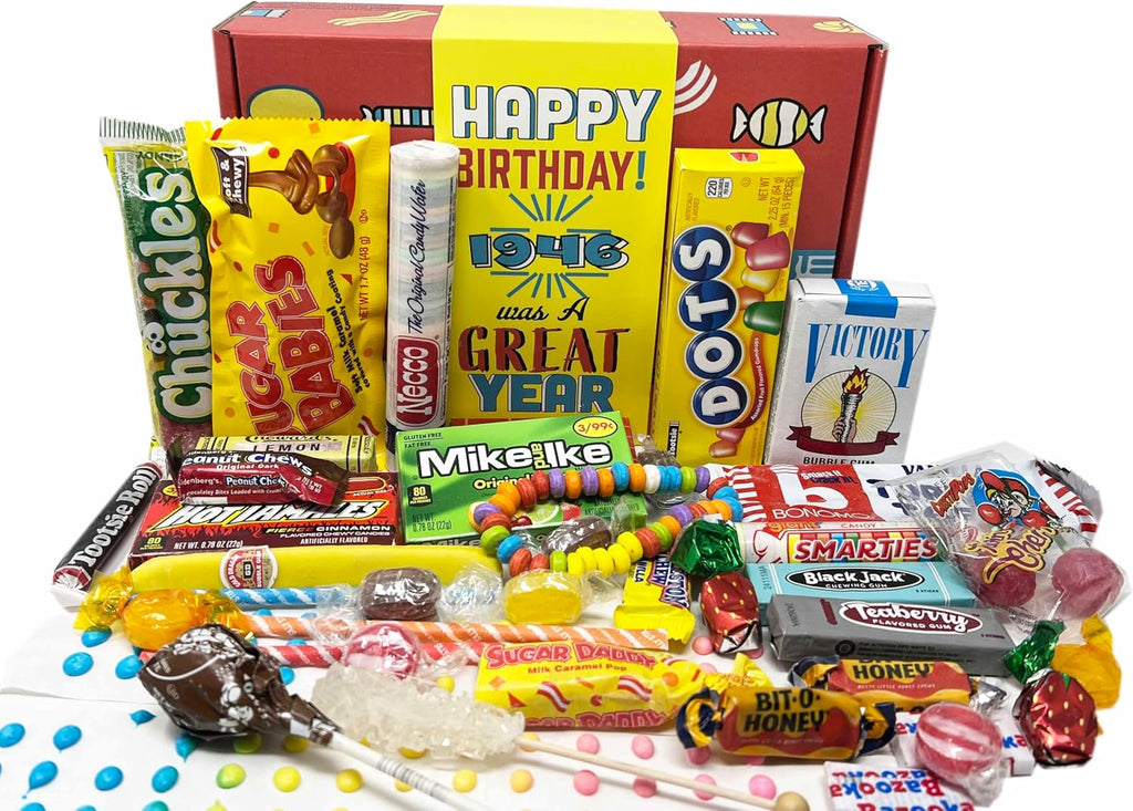 1946 Retro Childhood Candy Gift Basket Box Assortment for 80th Birthday Man or Woman Jr